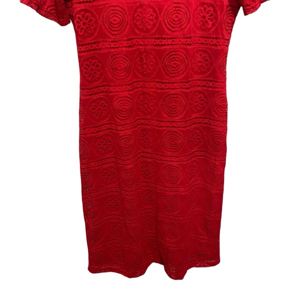 Sharagano Vibrant Red Lace Short Sleeve Midi Dress Size 6 - Picture 3 of 13